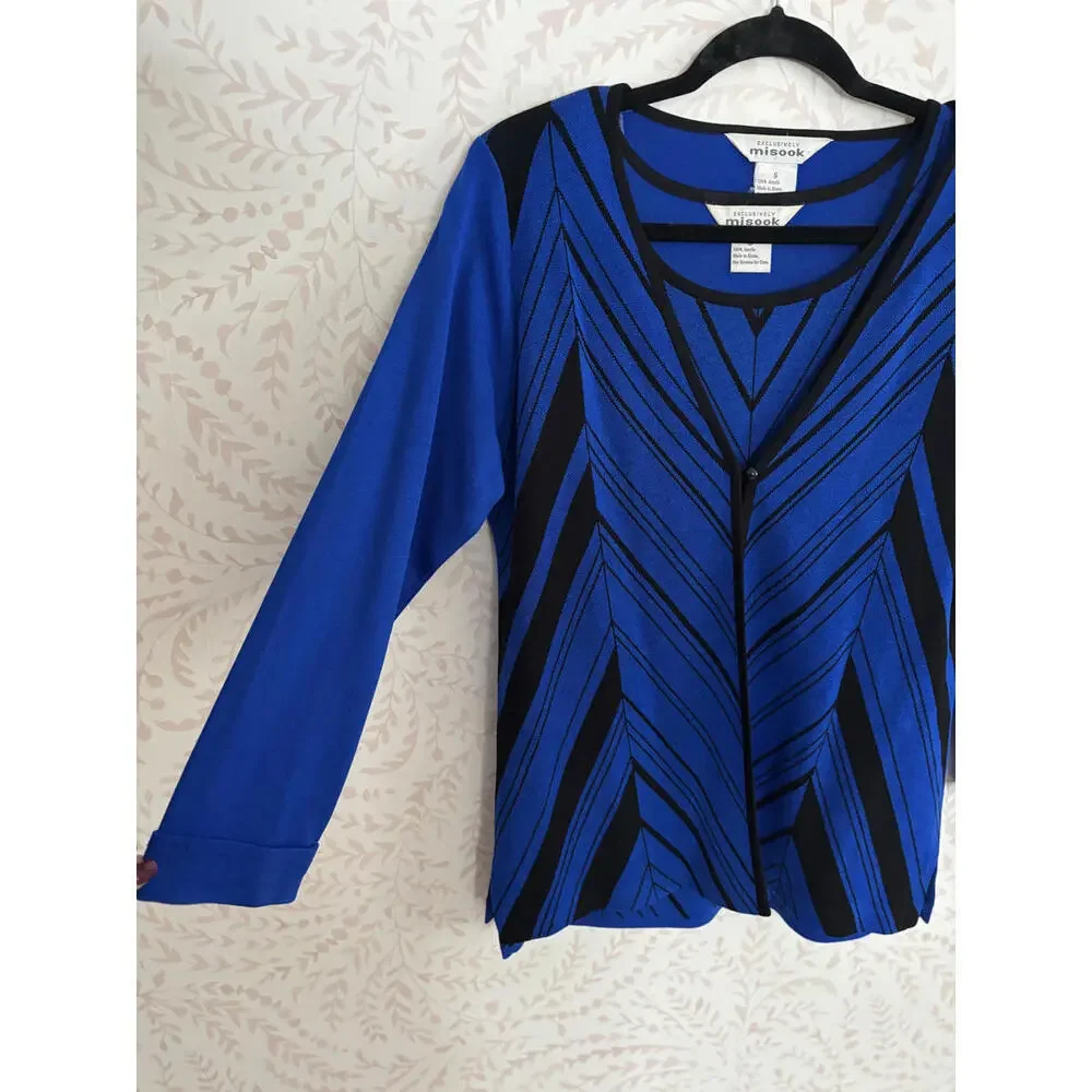 Vintage Set Misook Blue and Black Striped Long Sleeve Top - Picture 4 of 8